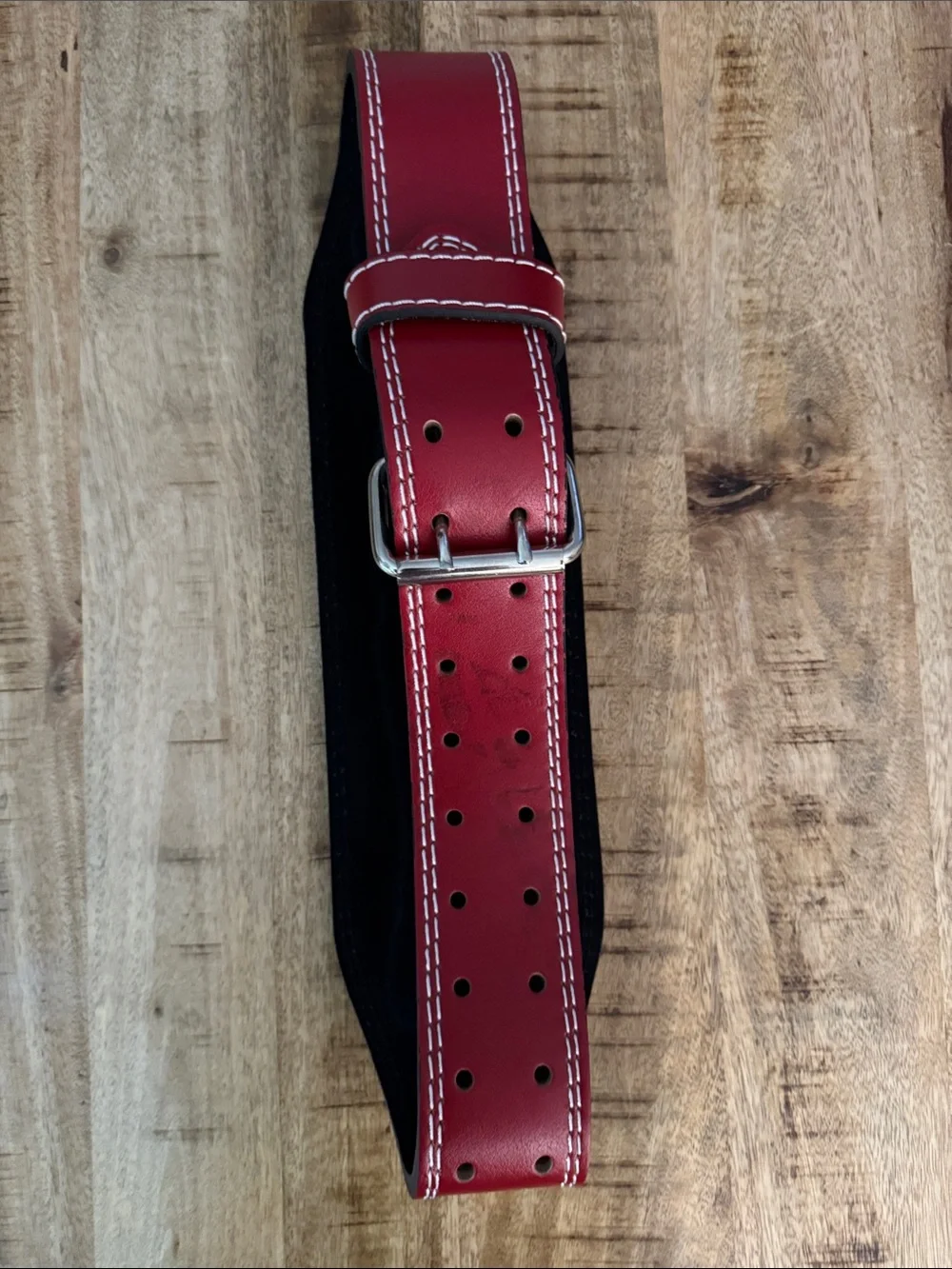 Red faux Leather Men's weight lifting Belt with white Contrast Stitching 40 in